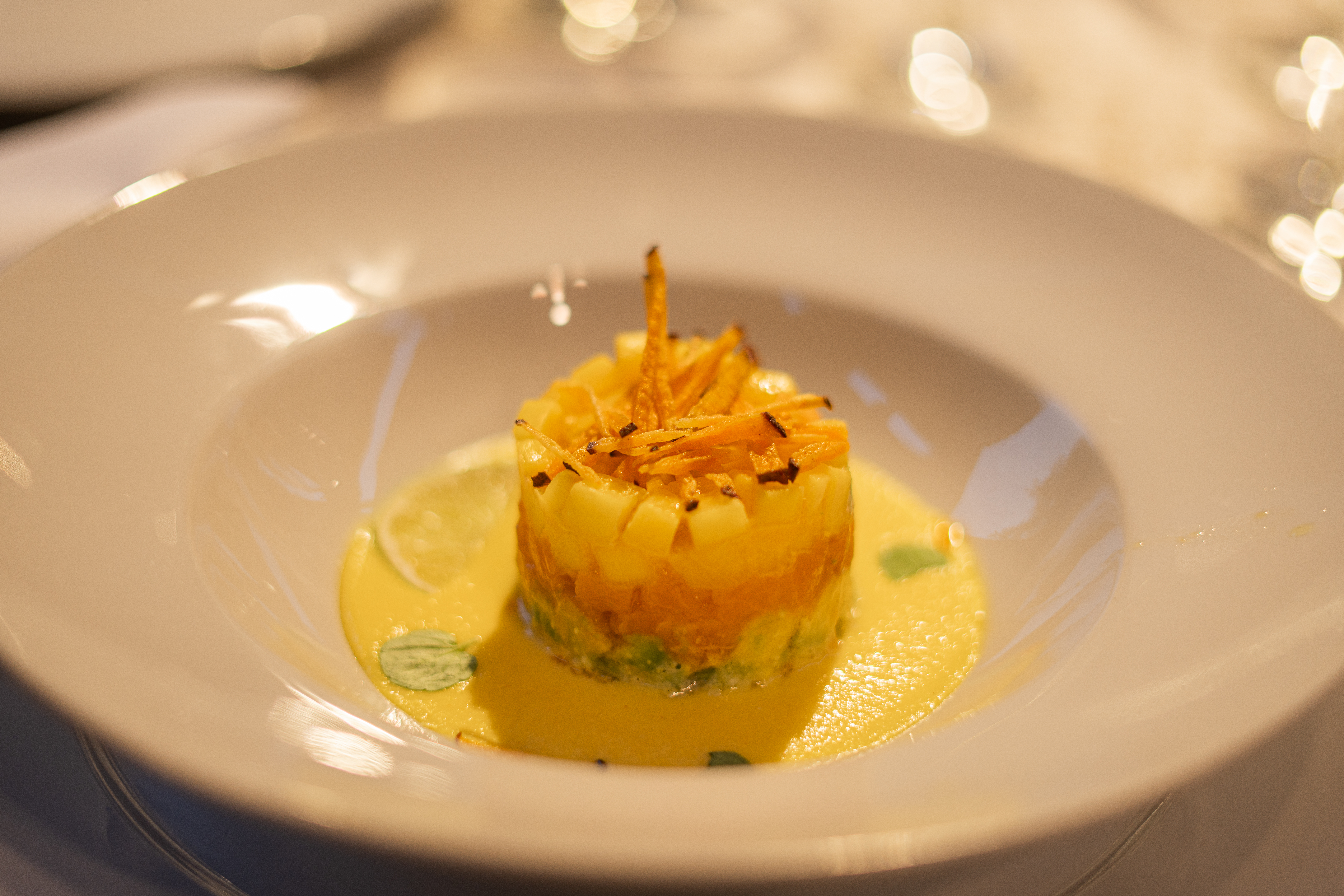 Timbal de Salmon mango en salsa de maíz